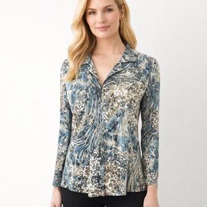 Misook Zip up Jacket Topper Mixed Animal Print Shimmer Stretch Jersey Size S